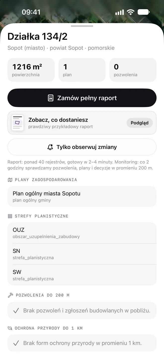Aplikacja TeTereny: karta działki z planem ogólnym miasta Sopotu i strefami planistycznymi