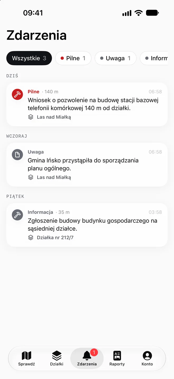 Aplikacja TeTereny: zdarzenia z obserwowanych działek: pilne pozwolenie na budowę w pobliżu, gmina przystąpiła do planu ogólnego